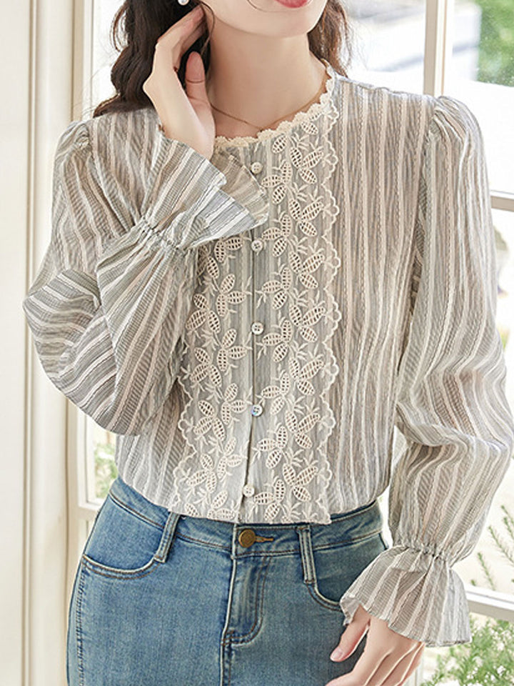 Jessica Vintage Mesh Embroidered Striped Lace Shirt