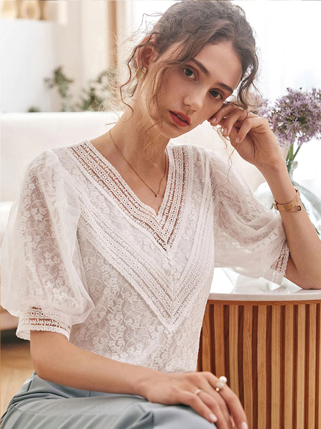 Brianna Retro Lace Puff Sleeve Chiffon Blouse