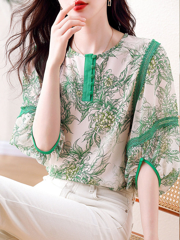 Grace Loose Crew Neck Buttoned Printed Chiffon Blouse