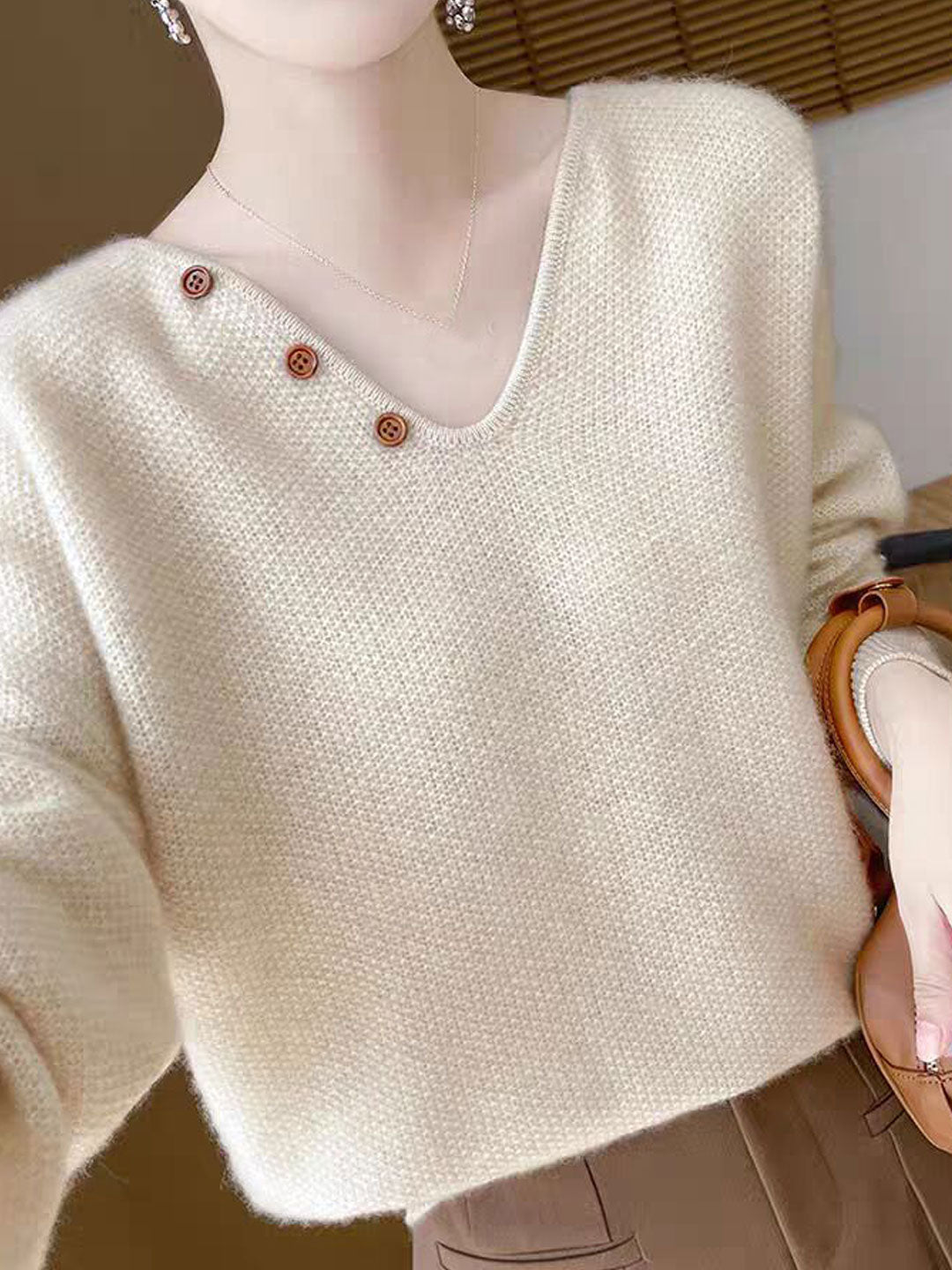 Ashley Loose V-neck Lantern Sleeve Button Knitted Sweater