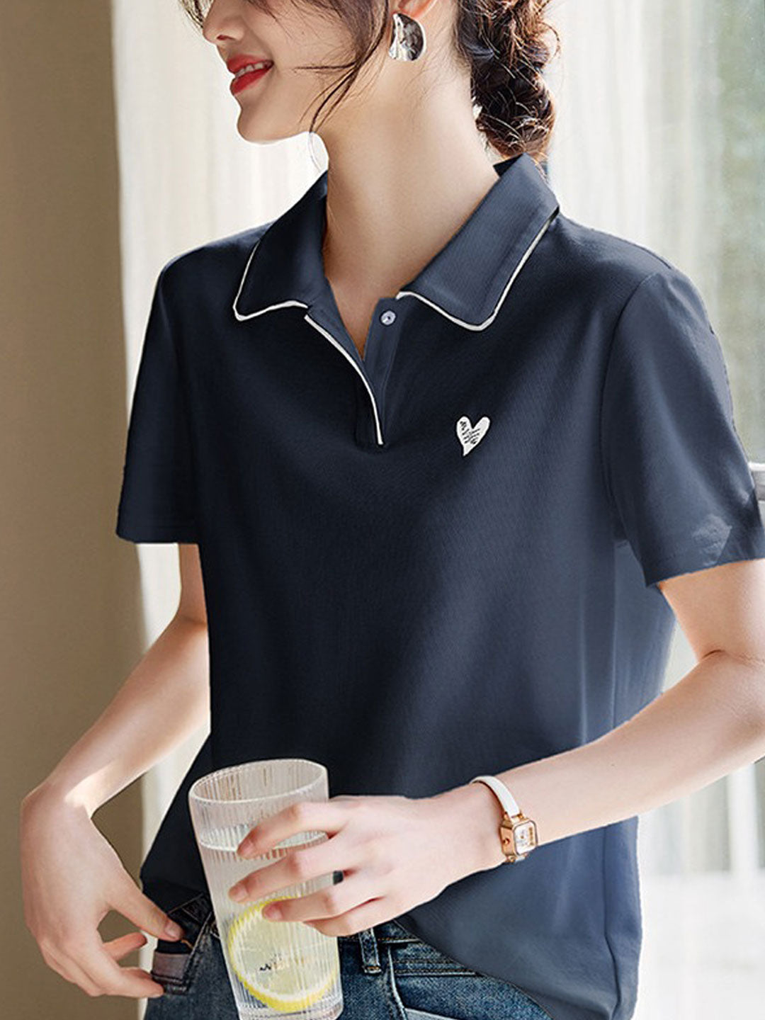 Anna Casual Polo Collar Hearted Top