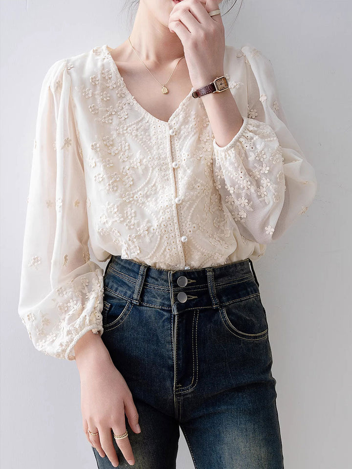 Taylor Retro V-Neck Lace Chiffon Blouse