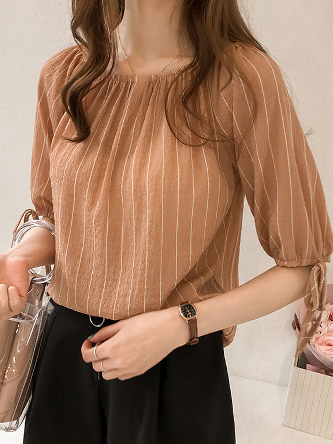 Molly Loose Lantern Sleeve Off-Shoulder Striped Top