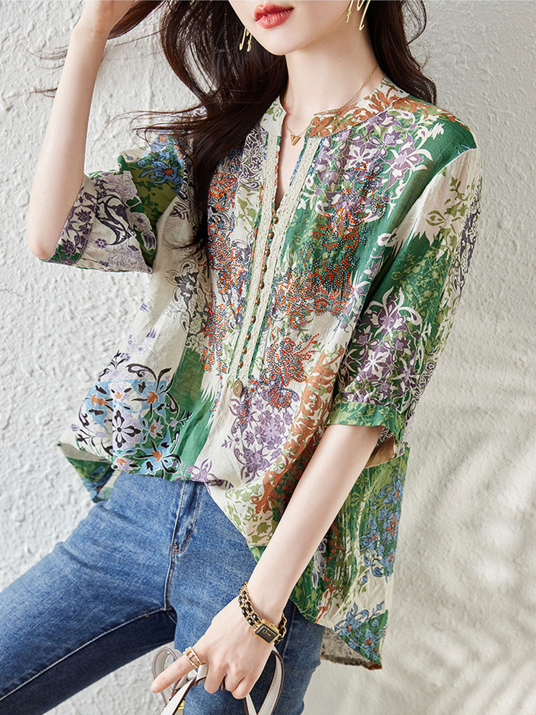 Natalie V-Neck Loose Beaded Printed Blouse