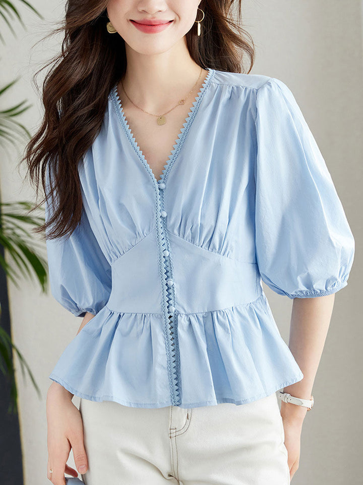 Anna Loose V-Neck Lantern Sleeve Top