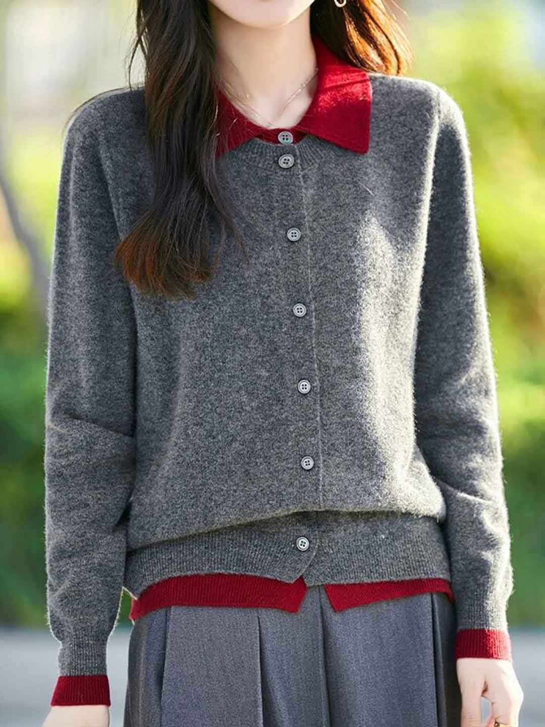 Claire Casual Lapel Colorblock Knit Cardigan Set