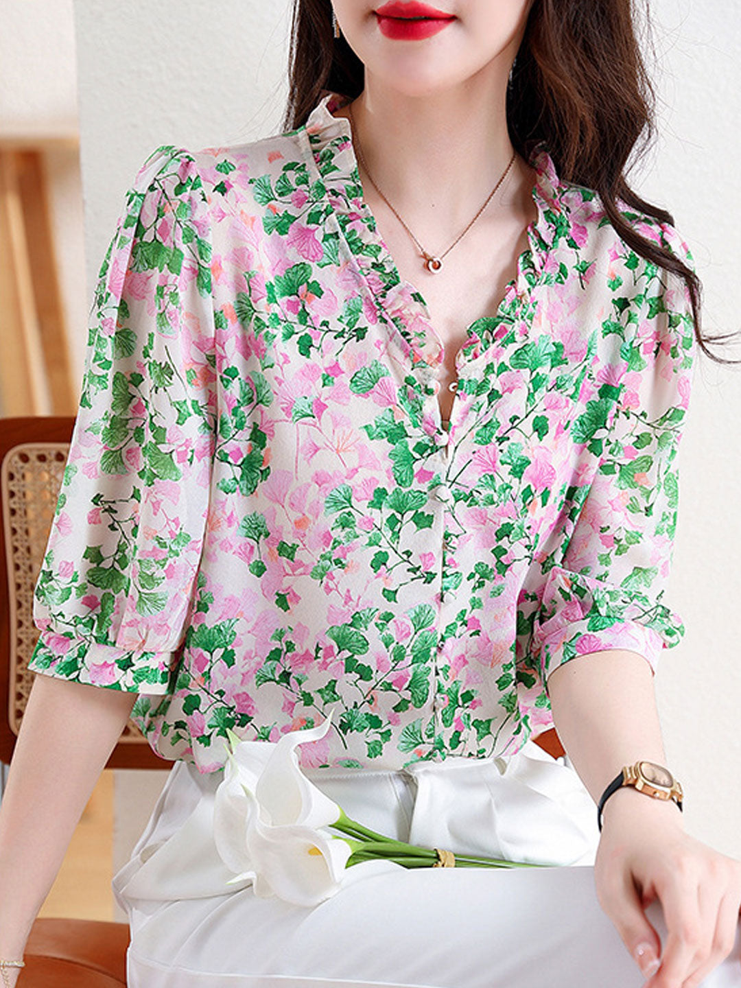 Mia Vacation V-Neck Ruffled Floral Chiffon Top