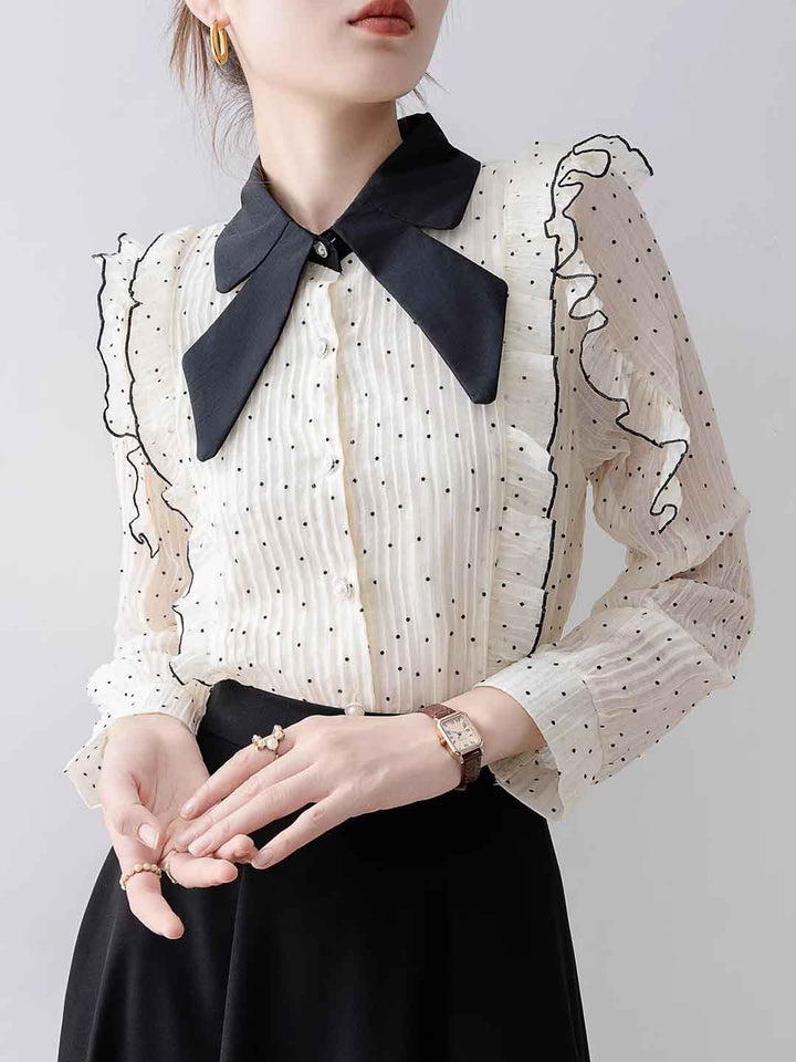 Ava Elegant Bow Lantern Sleeve Polka Dot Chiffon Shirt