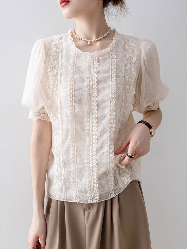 Lillian Retro Crew Neck Puff Sleeve Lace Chiffon Blouse