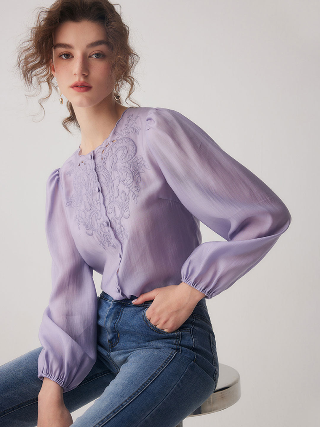 Jocelyn Elegant Embroidered Lantern Sleeve Shirt-Purple