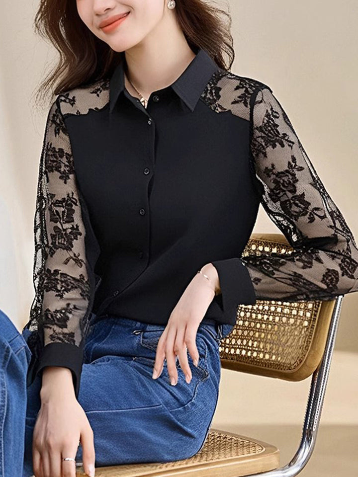 Sophie Loose Lapel Panel Lace Chiffon Shirt