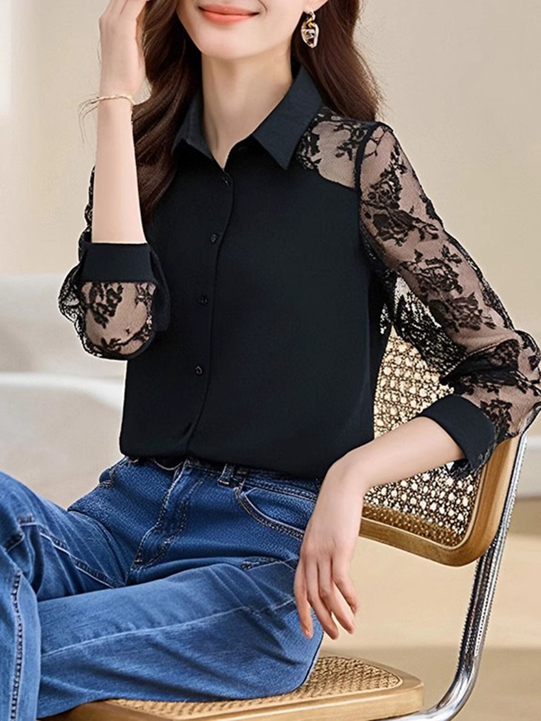 Sophie Loose Lapel Panel Lace Chiffon Shirt