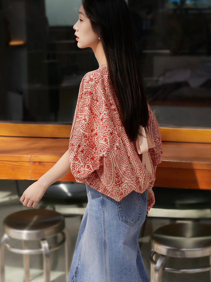 Maya Casual Back Bow Printed Blouse-Blue