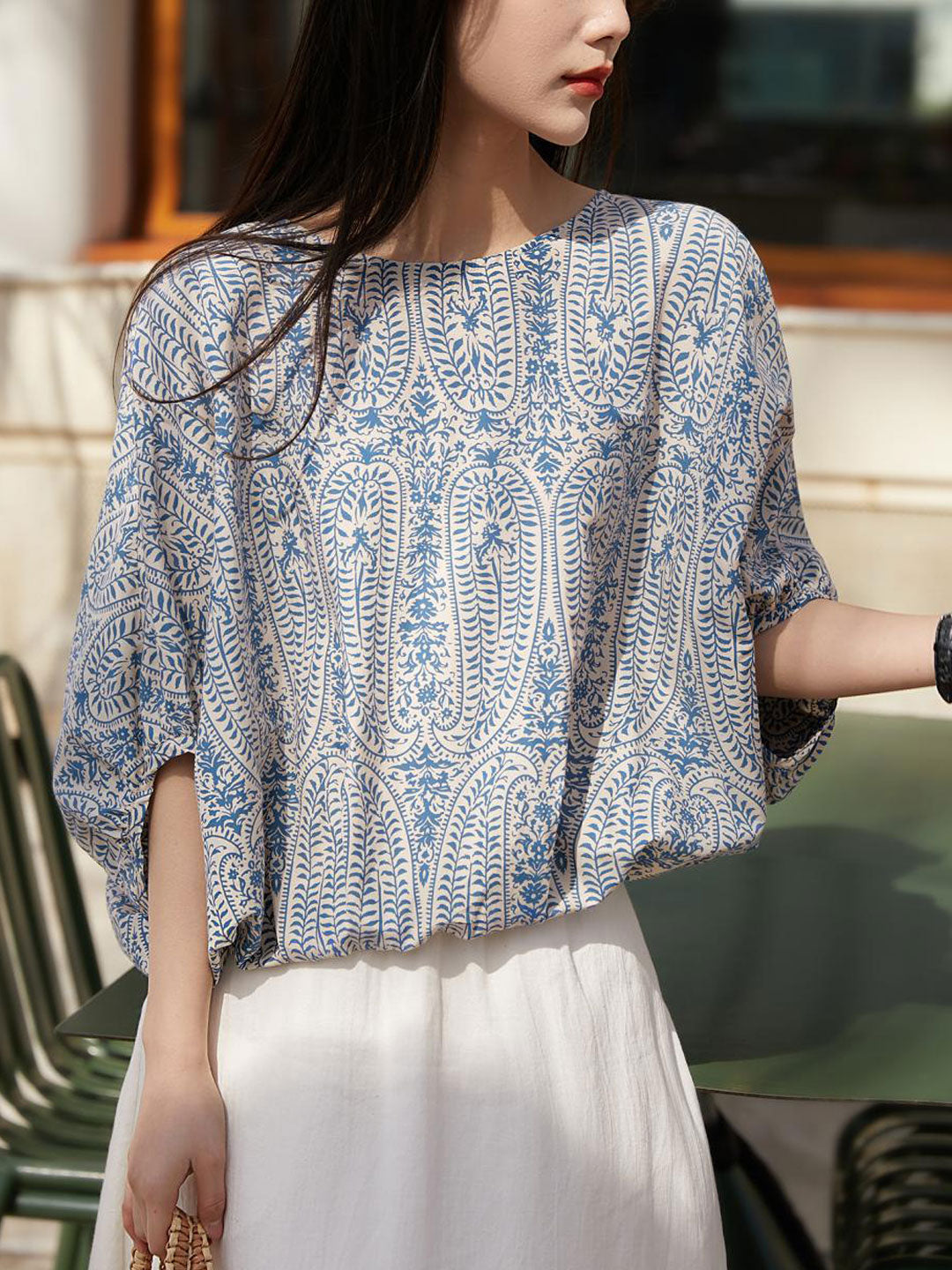 Maya Casual Back Bow Printed Blouse-Blue