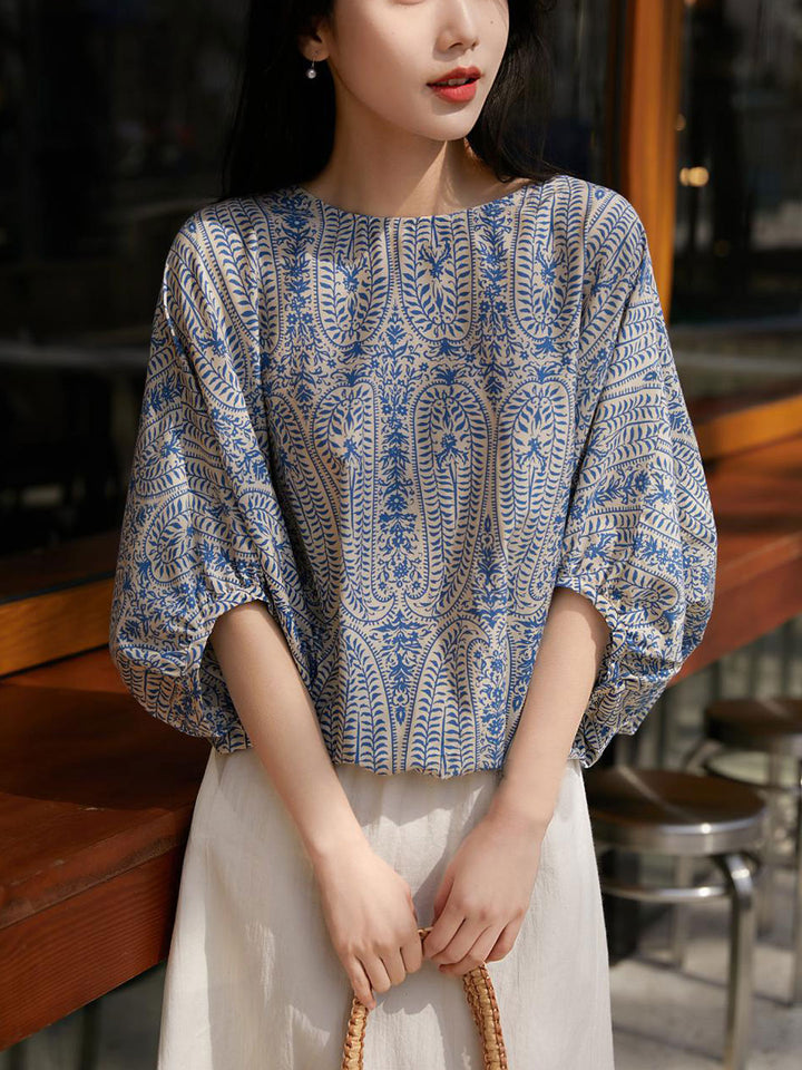 Maya Casual Back Bow Printed Blouse-Blue