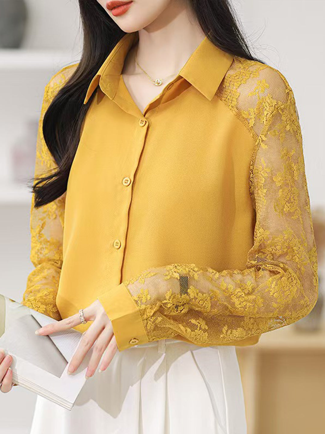 Sophie Loose Lapel Panel Lace Chiffon Shirt