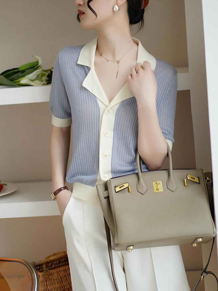 Jessica Casual Lapel Contrasted Knitted Top