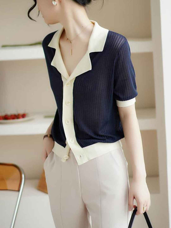 Jessica Casual Lapel Contrasted Knitted Top