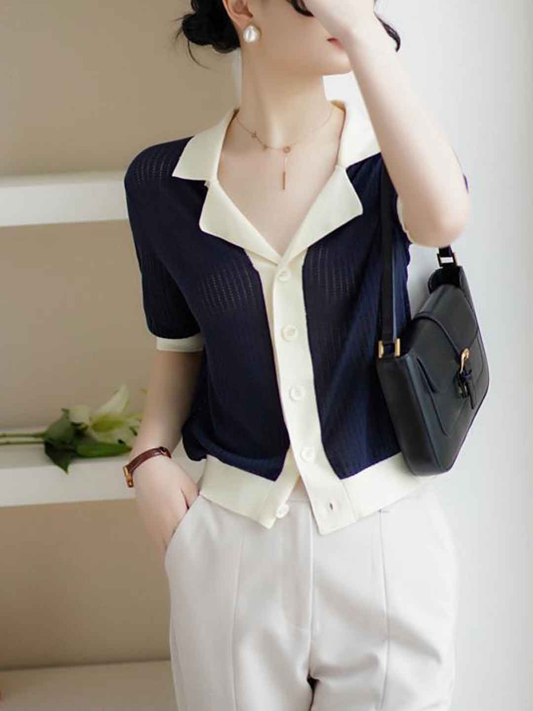 Jessica Casual Lapel Contrasted Knitted Top