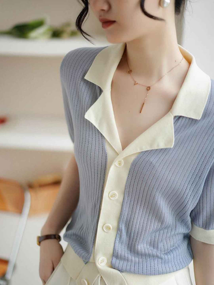 Jessica Casual Lapel Contrasted Knitted Top