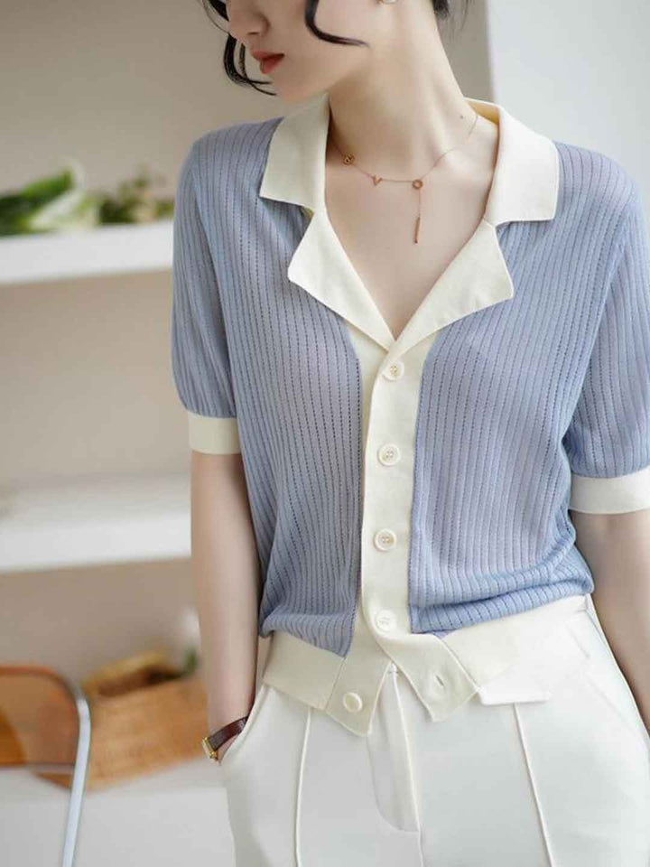 Jessica Casual Lapel Contrasted Knitted Top