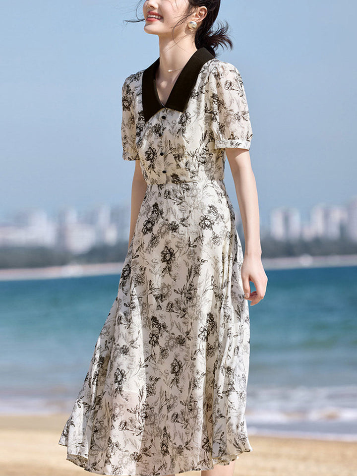 Brooke Elegant Lapel Floral Printed Chiffon Dress