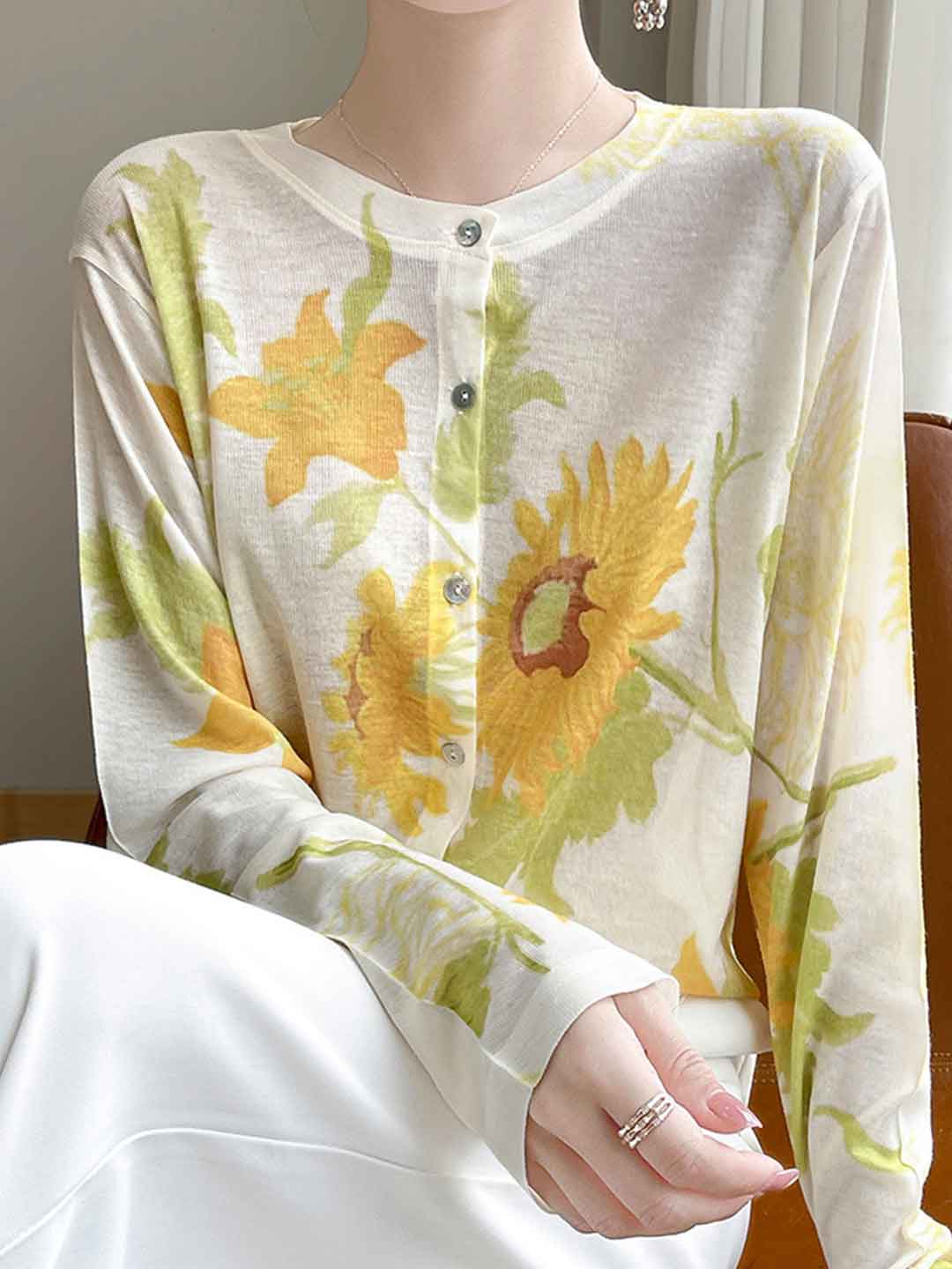 Lauren Casual Crew Neck Printed Knitted Cardigan-Yellow