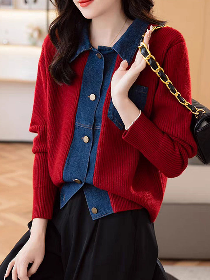 Eva Casual Lapel Patchwork Knitted Cardigan