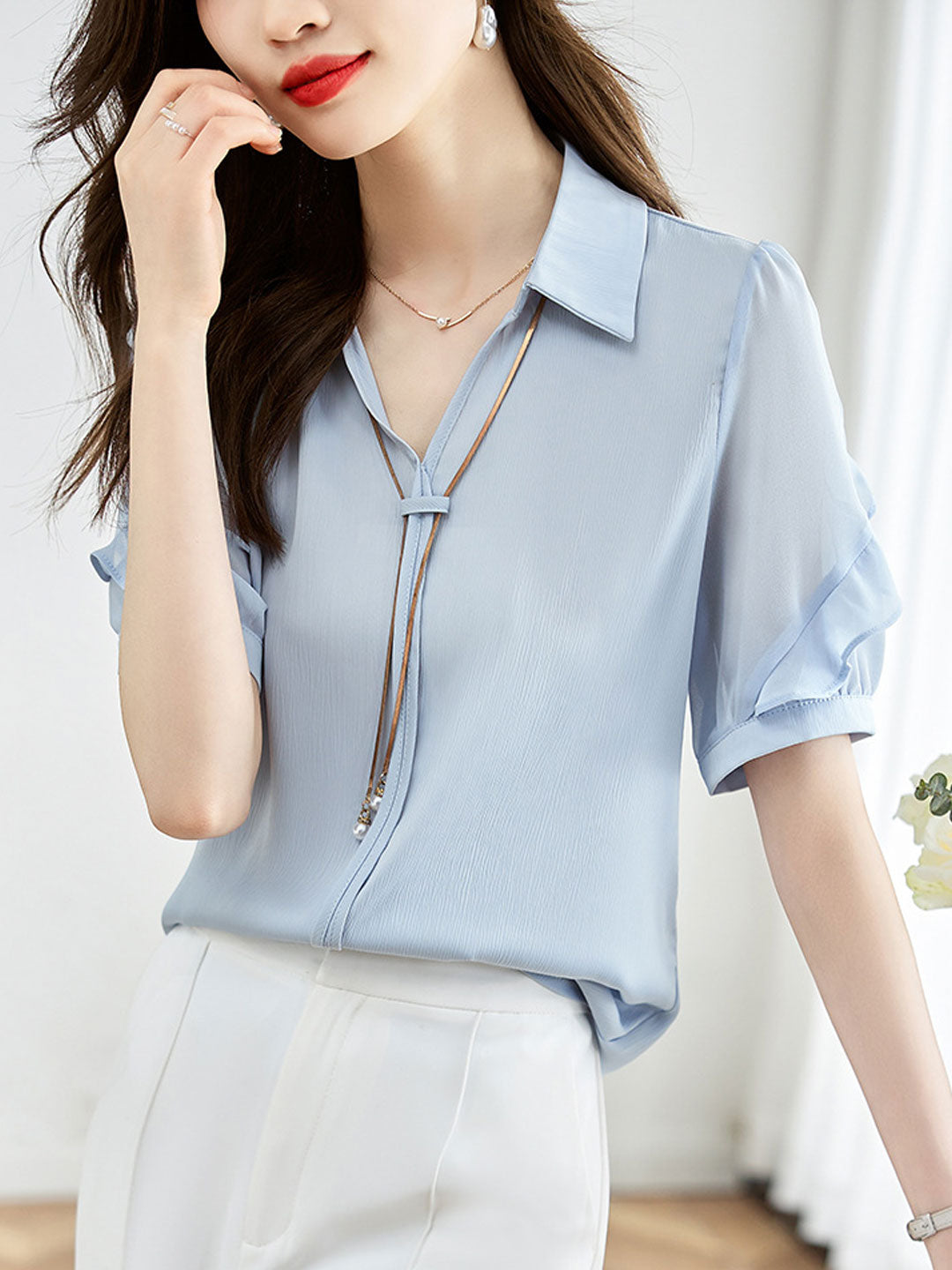 Elizabeth Elegant Lapel Chain Chiffon Shirt-White