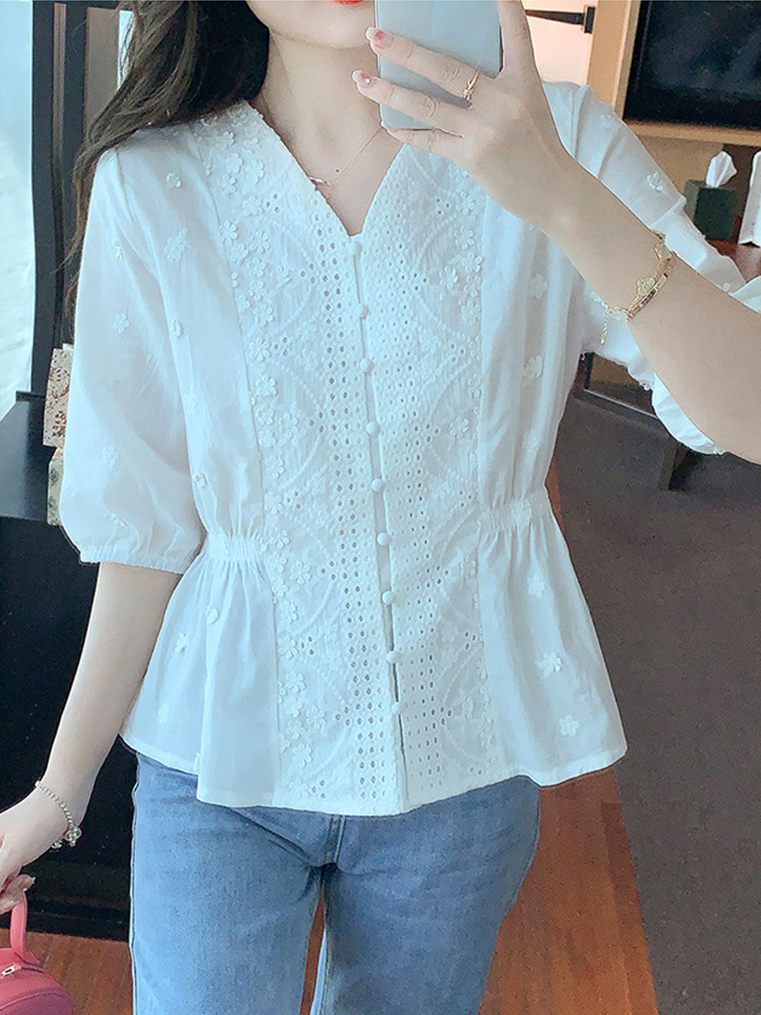 Mariah Retro V-Neck Embroidered Chiffon Top