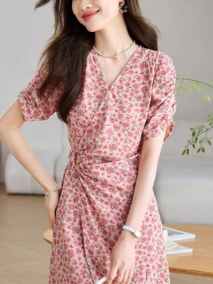 Bella Elegant V-Neck Floral Printed Silk Dress