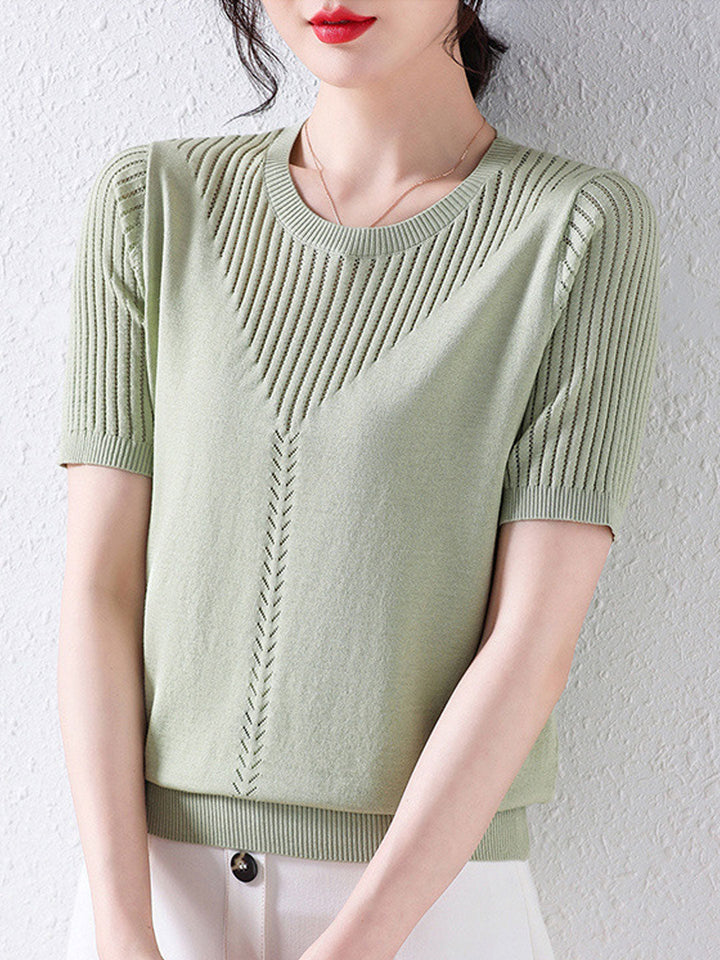 Sophie Loose Crew Neck Hollow Knitted Top-Green