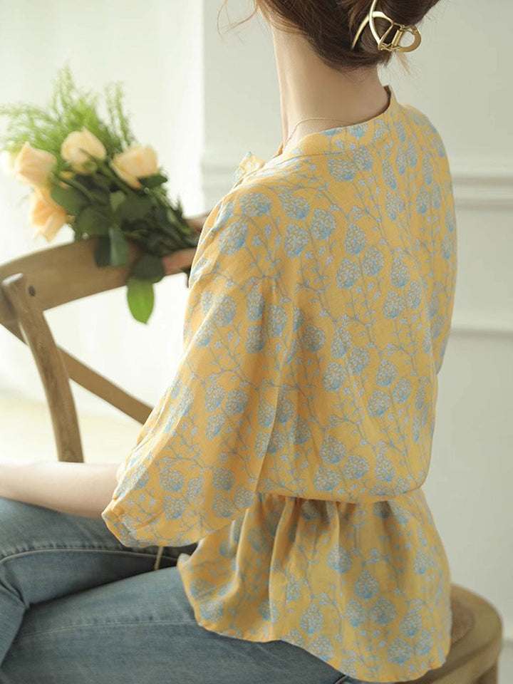 Sophia Loose V-Neck Floral Printed Blouse