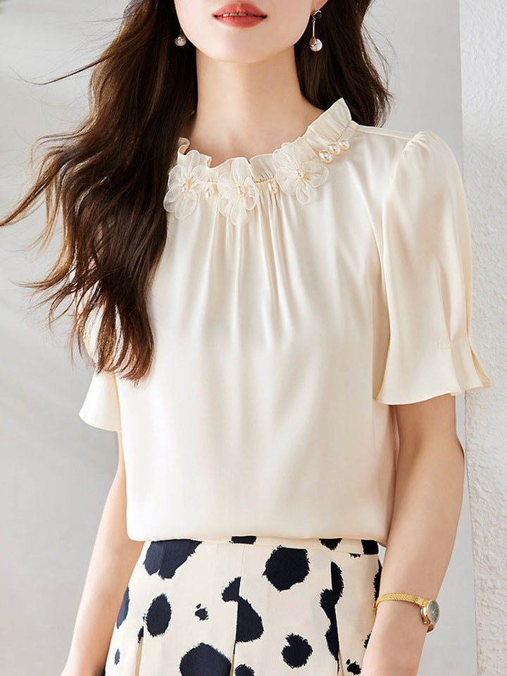 Sarah Elegant Auricular Satin Ruffled Chiffon Top