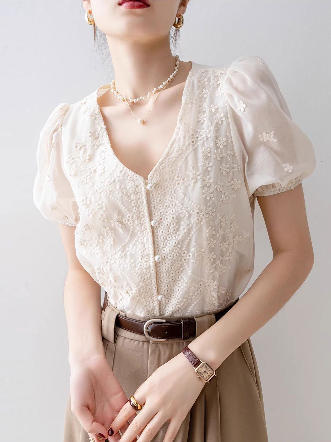 Hailey Classic V-Neck Puff Sleeve Lace Chiffon Top