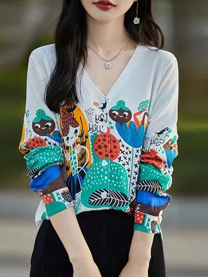 Kayla Classic V-neck Printed Knitted Cardigan