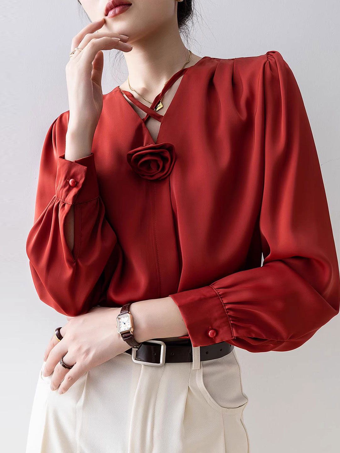 Khloe Casual V-Neck Lantern Sleeve Solid Color Shirt