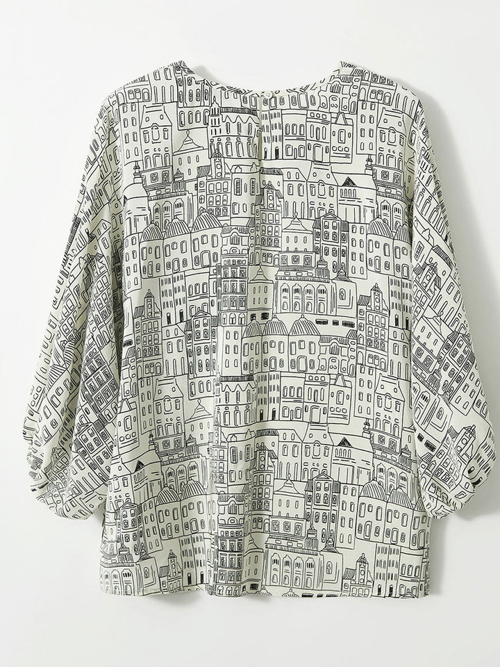 Mia Loose Crew Neck Lantern Sleeve Printed Top