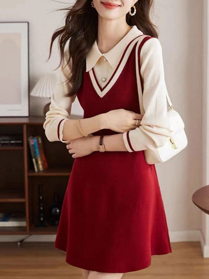 Ava Classic Lapel Collar Contrasted Knitted Dress