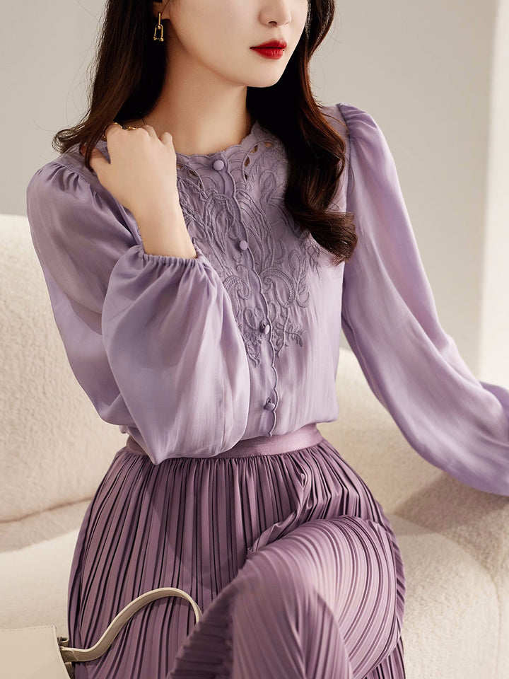 Jocelyn Elegant Embroidered Lantern Sleeve Shirt-Purple