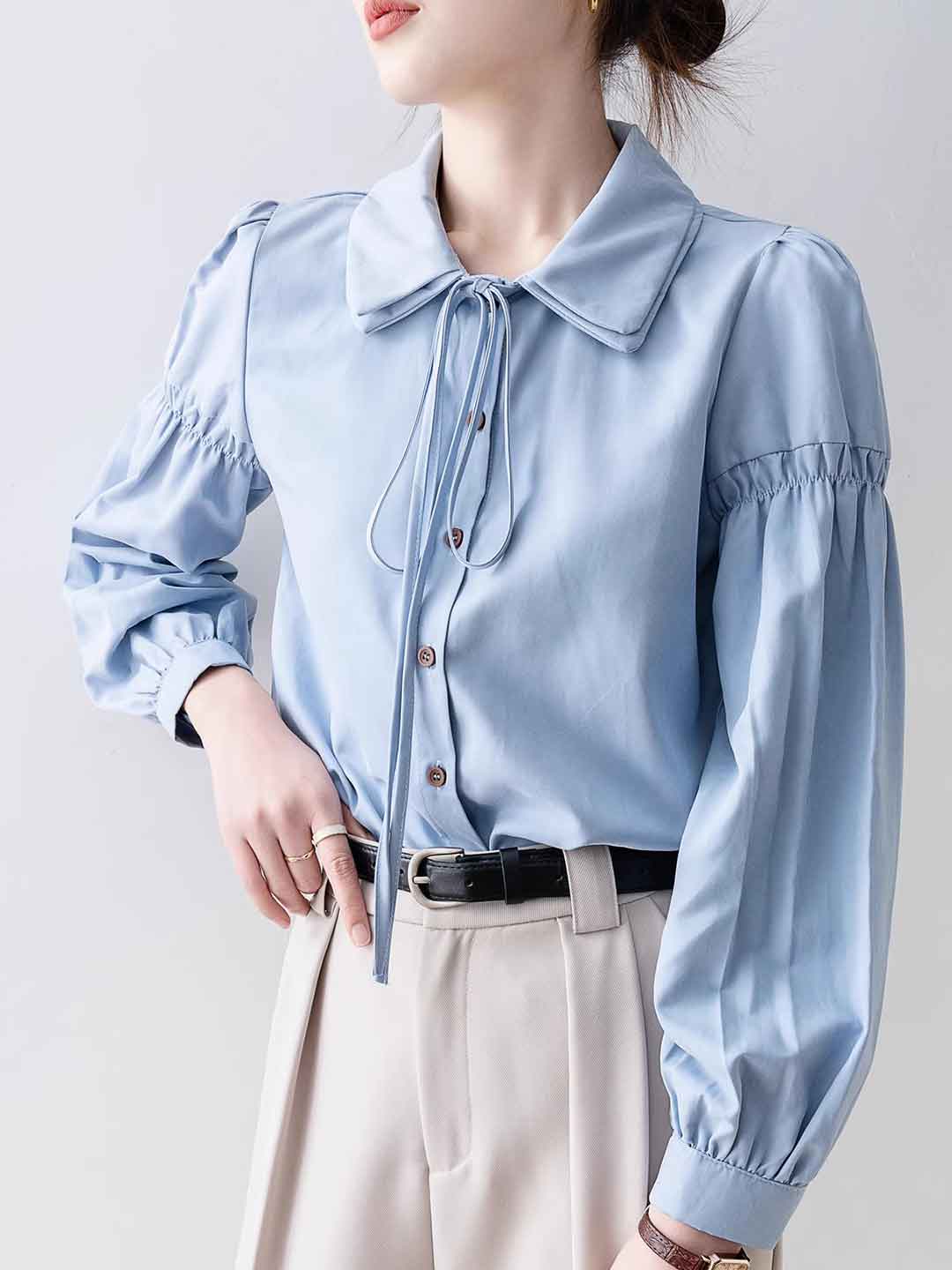 Hannah Classic Double Collar Tie Puff Sleeve Shirt