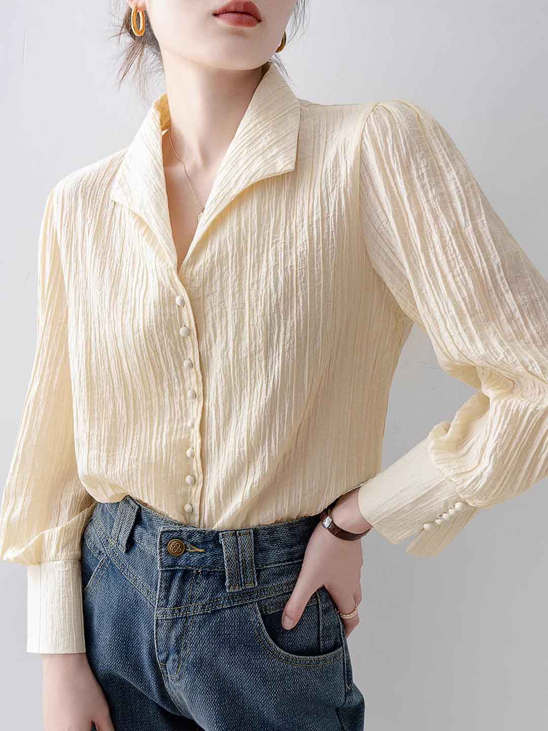 Grace Loose V-neck Lapel Textured Shirt