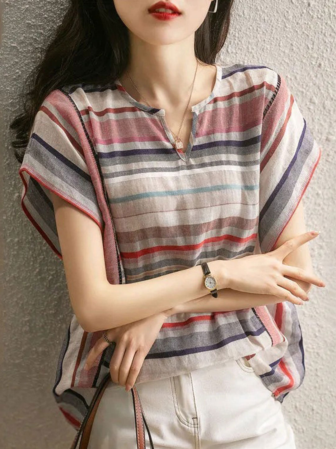 Madelyn Loose V-Neck Striped T-Shirt