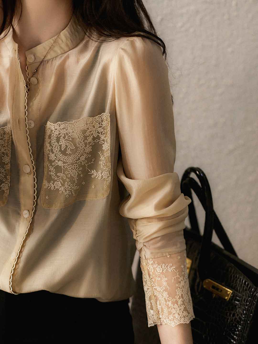 Jocelyn Retro Crew Neck Lace Embroidered Chiffon Shirt