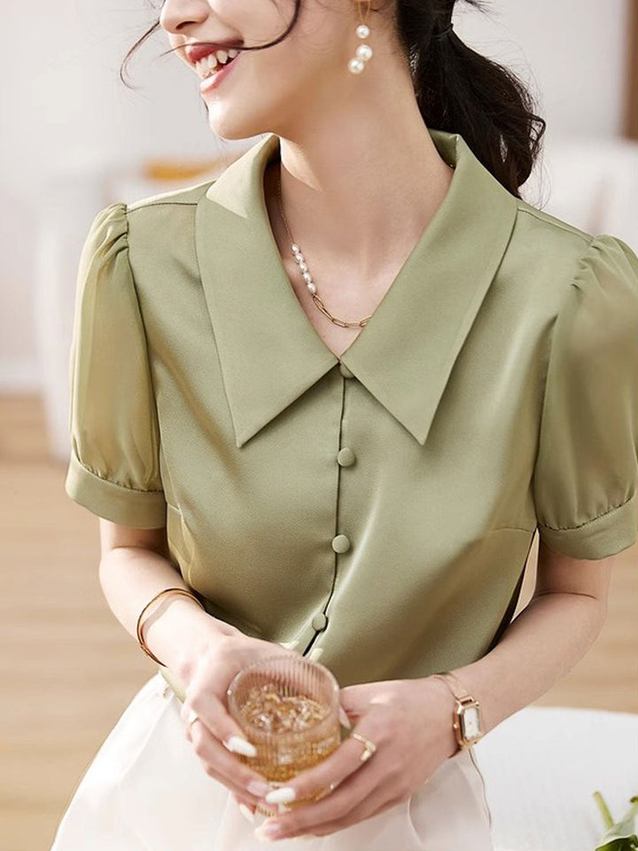 Morgan Casual Lapel Puff Sleeve Satin Shirt