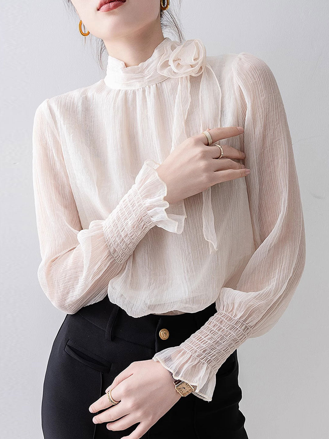 Ava Elegant Half Turtleneck Floral Chiffon Top