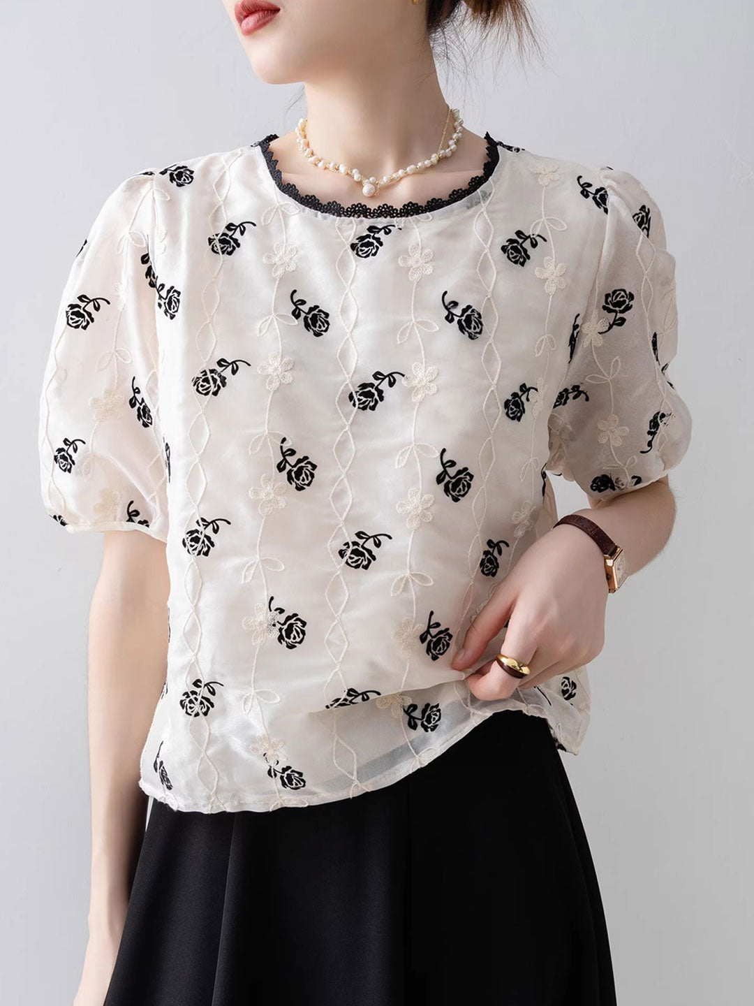 Mariah Vintage Puff Sleeve Embroidered Chiffon Top