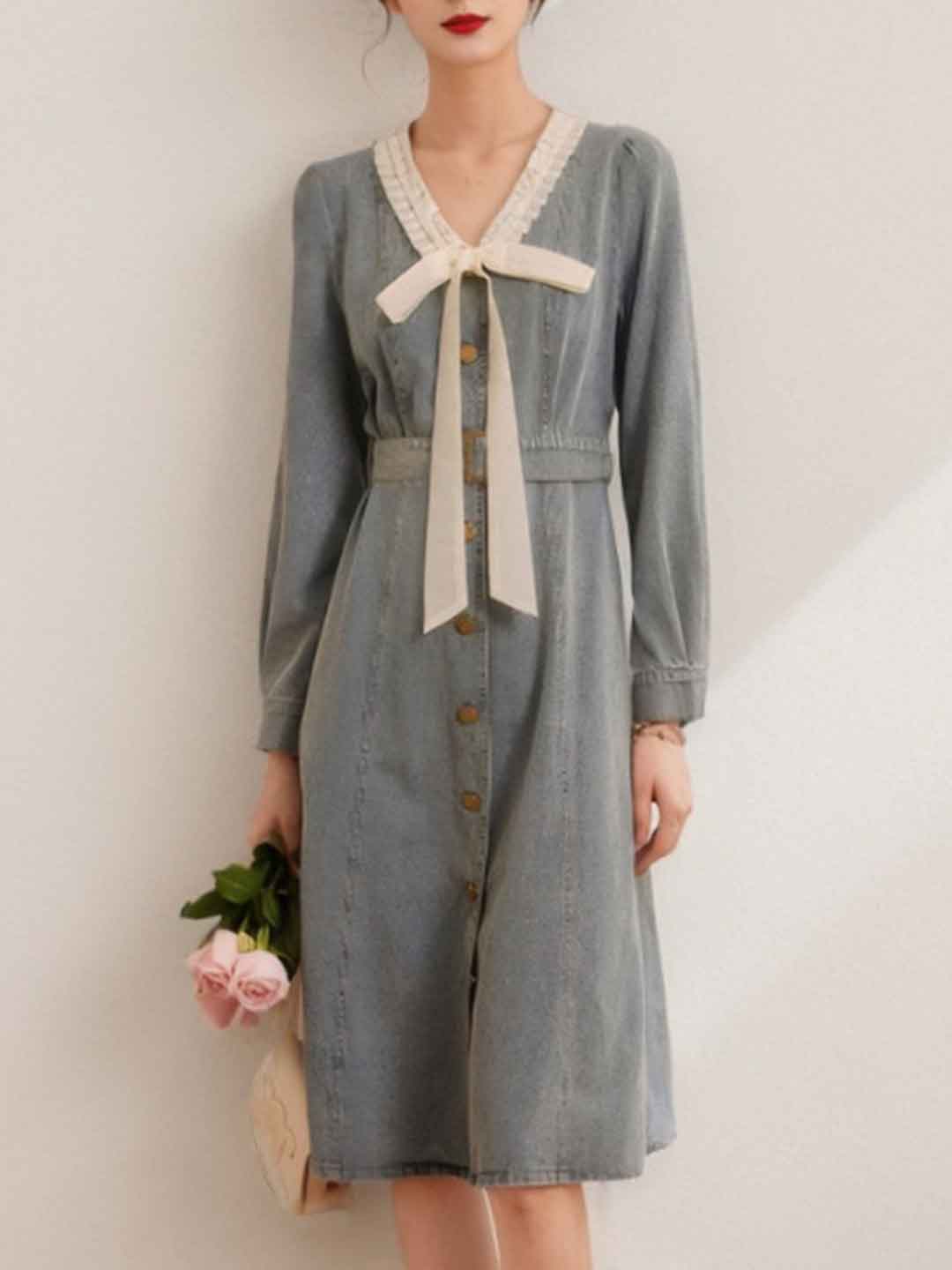 Elizabeth Casual V-Neck Contrast Color Denim Dress