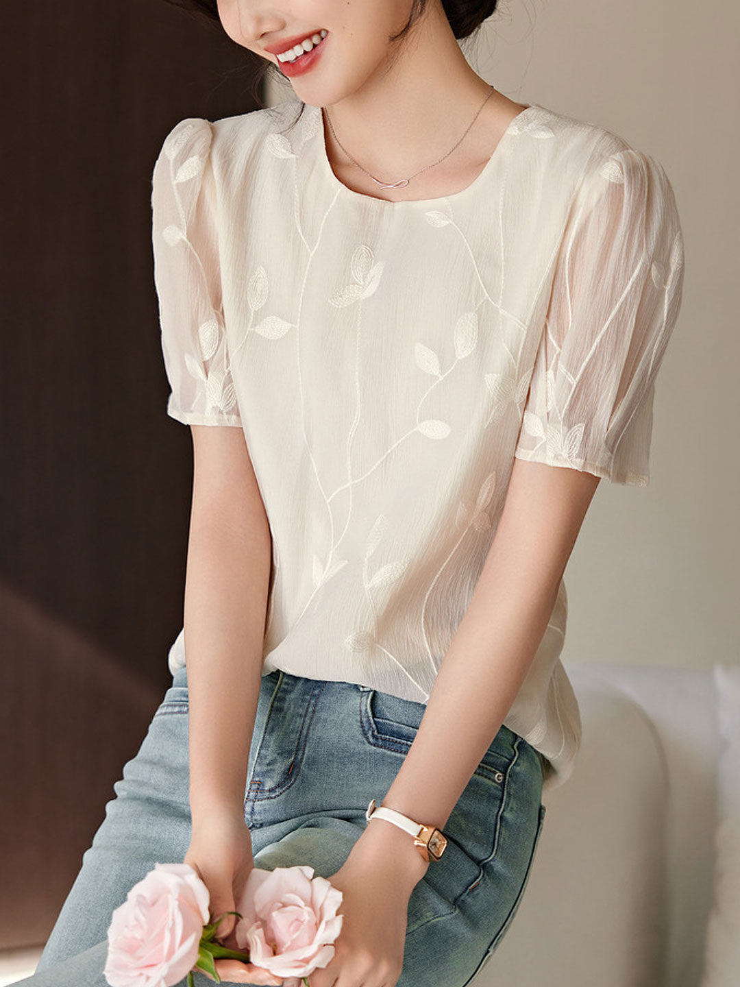 Natalie Elegant Crew Neck Embroidered Ruffled Top