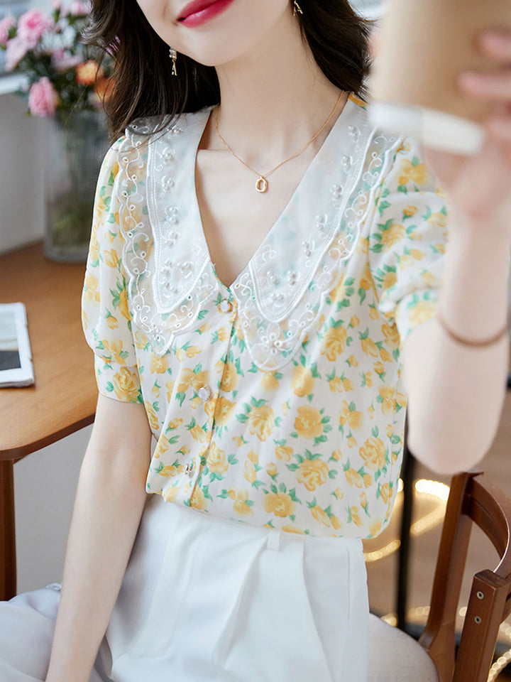 Bella Classic Floral Printed Beaded Chiffon Top